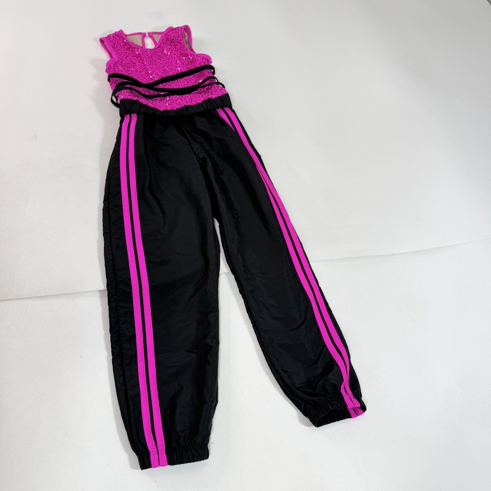 Weissman Jumpsuit Girls Medium Pink Black Sequin Dance Costume One Piece Stage